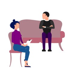 Scene of caucasian female therapist consulting male patient. Flat style stock vector illustration.