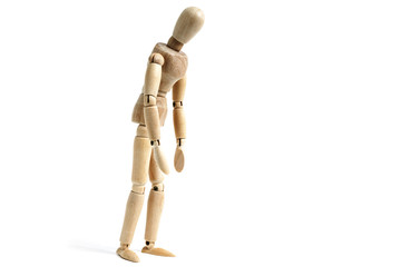 Wooden figurine - sad tired or depressed mannequin on white background
