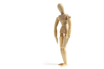 Wooden figurine - sad tired or depressed mannequin on white background