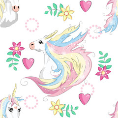 Unicorn, rainbow and magic wand pastel colors seamless pattern