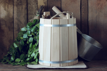 wooden bucket, birch broom and ladle for the bath.