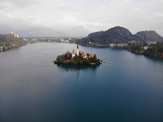 Lake bled is a real Slovenian fairy tale. Slovenia. View of the lake from the height