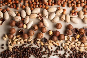 Food background with different nuts top view