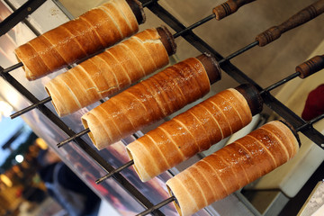 Traditional hungarian sweet spit cake name is kürtös kalács or kurtos