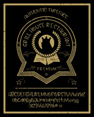 Naklejka premium Hand drawn vintage retro font. Outdoor advertising of American restaurants and eateries inspired typeface. Textured unique brush script style alphabet. Letters and numbers. Vector Illustration.