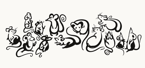 Handwritten Rats. Set of brush drawn cartoon mice. Ink brush calligraphy. Year of the rat on the Chinese calendar.