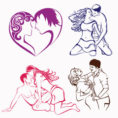 Fototapeta premium Silhouettes of couples in love on a white background.