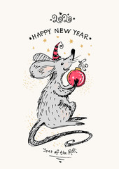 Beautiful hand drawn illustration with cute white rat with a big red Christmas ball. Year of the Rat 2020. Mouse vector sketch in retro style. Greeting vector card for Happy New Year congratulations. 