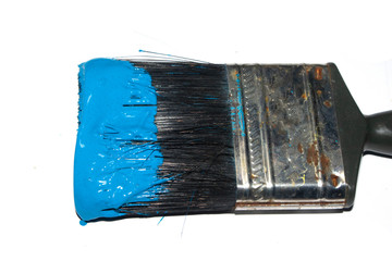 Blue Acrylic Paint Stroke with Paint Brush on White Background