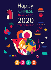 Happy New Year 2020 vector logo design. Happy new year with cute mouse rat in folk style. Chinese New Year. Cover of design for 2020. Calendar design, brochure, catalog, card, banner, wallpaper.