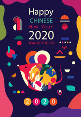 Happy New Year 2020 vector logo design. Happy new year with cute mouse rat in folk style. Chinese New Year. Cover of design for 2020. Calendar design, brochure, catalog, card, banner, wallpaper.