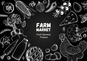 Organic food illustration. Farmers market design elements. Hand drawn sketch. Various food frame. Good food store concept.