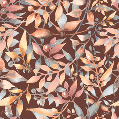 Seamless watercolor pattern with  floral in trendy neutral colors on the brown background.  modern color.Hand drawn decor patterns with florals decoration. grey,brown,Burgundy colors.