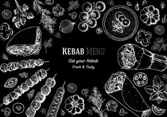 Doner kebab and ingredients for kebab, sketch illustration. Arabic cuisine frame. Fast food menu design elements. Shawarma hand drawn frame. Middle eastern food.