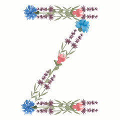 Watercolor Floral Monogram Letter Z. hand drawn ABC alphabet. Wildflowers letters.