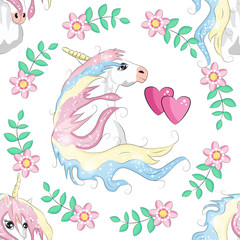 Seamless pattern with unicorns and stars. Baby background.