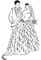 Silhouette of the newlyweds. Wedding.