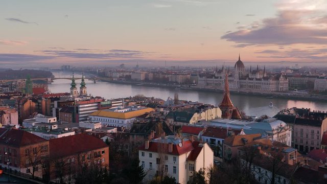 Dawn over Budapest. Panoramic view of the city and the building of the Budapest Parliament