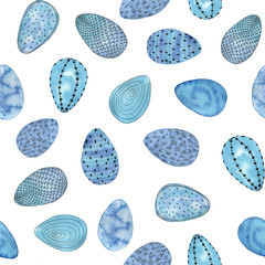 Seamless Easter pattern with watercolor eggs.  Blue Easter pattern. Watercolor eggs isolated on white background.  Background for postcard, invation, textile.