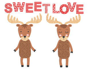 moose couple. Sweet love. Scandinavian moose, children's print, poster, design, hand drawing, quote