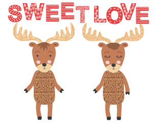 moose couple. Sweet love. Scandinavian moose, children's print, poster, design, hand drawing, quote