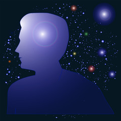 Artificial intelligence - male profile, outer space - vector. Innovation technology concept.