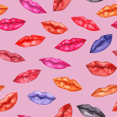 Seamless pattern with watercolor lips on pink background. Pattern for girls. Background with  lipstic. Fashion backdrop.