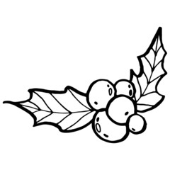Vector black outline christmas simple holly plant with berry and leaves. Christmas winter illustration for children, adult coloring books.