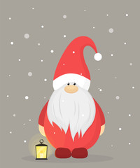 Cute christmas gnome in red costume with lantern on snowy background. Vector illustration in flat style for Christmas or New Year card