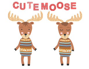 Cute moose, couple. Scandinavian moose, children's print, poster, design, hand drawing, quote