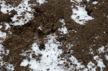 Melting snow on plowed soil. Spring view of plowed field