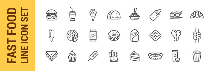 Fast food line icon set. Burger sandwich pizza hot dog cola coffee sweets