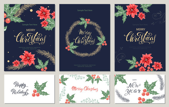 Merry Christmas! Set of greeting posters with festive seasonal paraphernalia and lettering. Vector image.