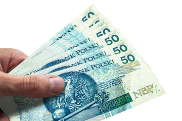 Hand holding Polish Zloty. PLN. Currency of Poland.