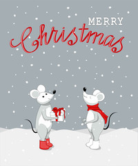 Christmas card with happy couple mice