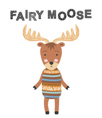 Fairytale Elk. Scandinavian moose, children's print, poster, design, hand drawing, quote