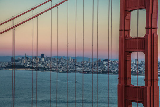 San Francisco through the the Golden Gate Bridge suspension cables 