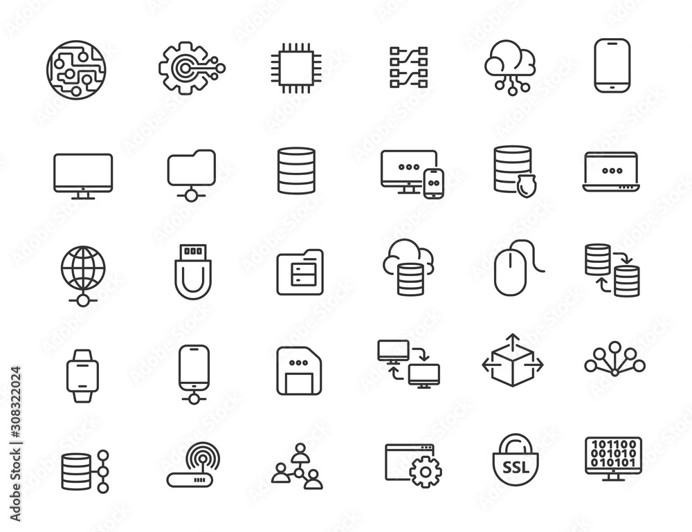 Aufkleber Set of linear computer technology icons. Database icons in simple design. Vector illustration