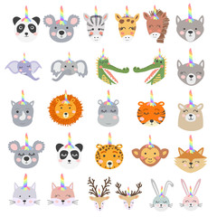 Naklejka premium Set of cute funny animals with unicorn horns, Scandinavian style flat design.