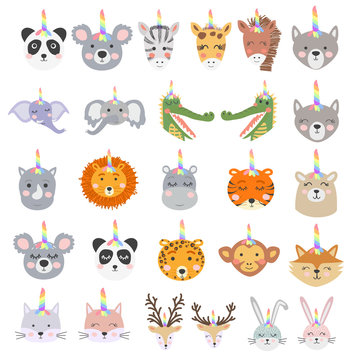 Set of cute funny animals with unicorn horns, Scandinavian style flat design.