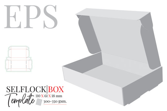 Self Lock Box Template, Vector with die cut, laser cut lines. Cut and Fold Packaging Design. White, clear, blank, isolated Self Lock Box mock up on white background with perspective presentation