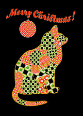 Happy and cute sized for a greeting card or poster bright red green and gold patterned ornaments designed by the digital artist wishing a Merry Christmas