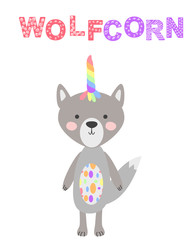 grey wolf-unicorn isolated on white background. Concept for children design, baby shower card. Cute forest animals in scandinavian and folk style.