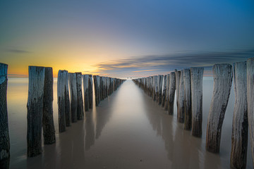Pole heads or wave-breakers close-up disappearing in North Sea in Holland with sunset background of the sea and cloudy sky