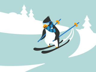 Winter sport skiing penguin character illustration