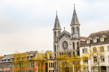 Street with church of the Redemptorists of Tournai, Walloon municipality, Belgium