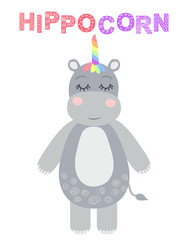 Cute sweet little hippo with a unicorn horn. Scandinavian style flat design. Concept for children print.