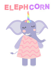 Hand draw illustration of a cute funny elephant with a unicorn horn. Scandinavian style flat design. Concept for children print.