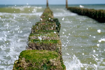 Dekokissen Close up beach poles splashed by water at the sea coast © fotografiecor