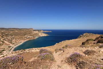 Fototapeta na wymiar Landscape view of turqouise blue water in Milos, Greece